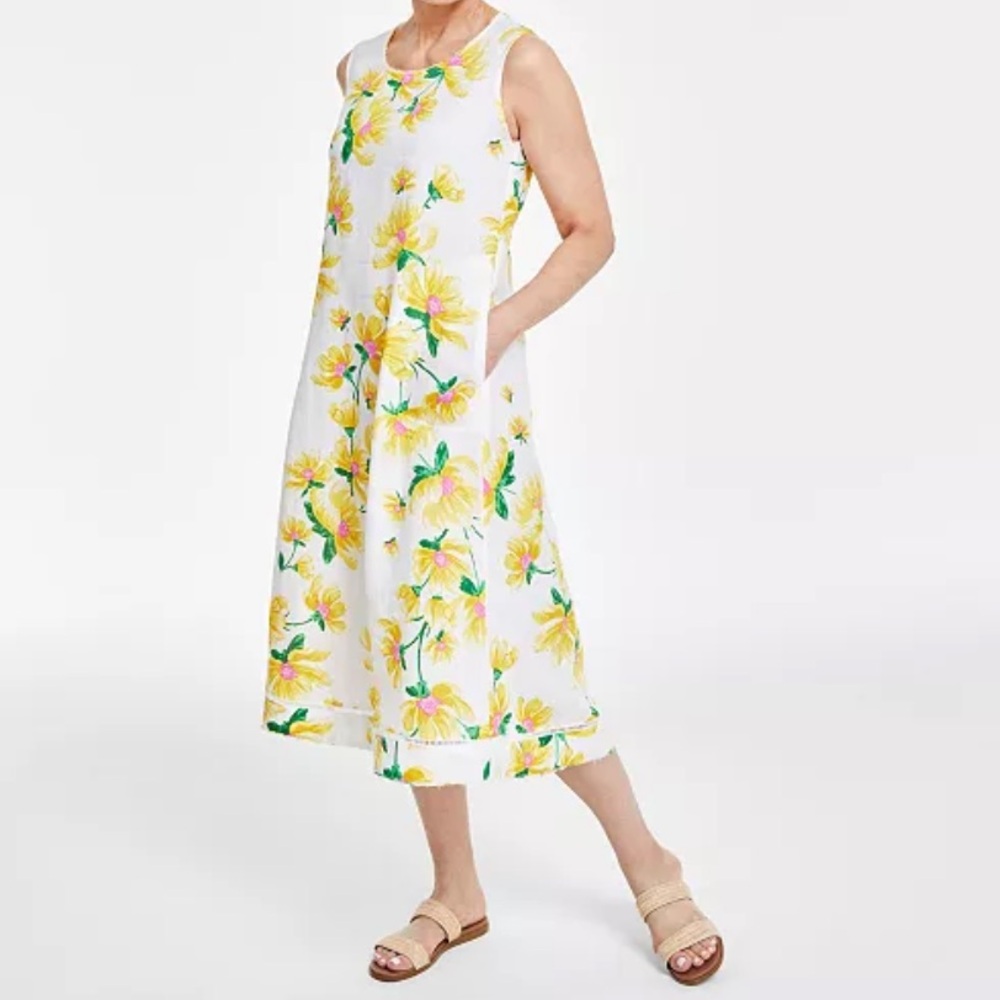 CHARTER CLUB Macy’s 100% Linen White/Yellow Floral Print Sleeveless Midi Dress M